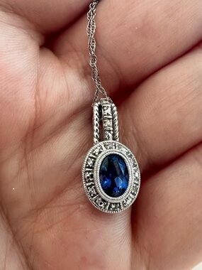 10K White Gold Sapphire Blue Pendant Necklace Halo Vintage Style